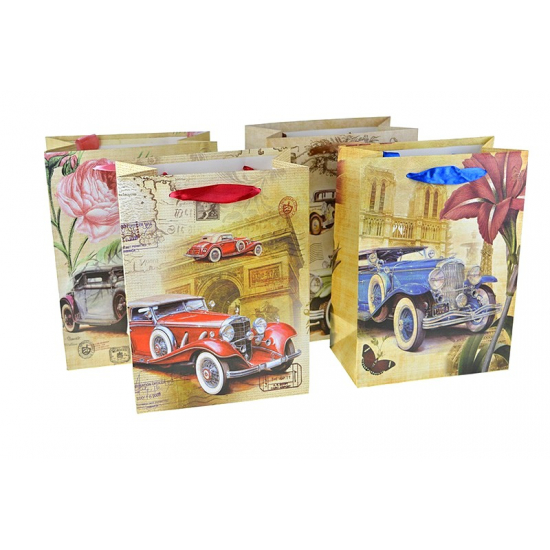 Ajándéktasak papír old cars 18,5*25*20cm 4féle barna
