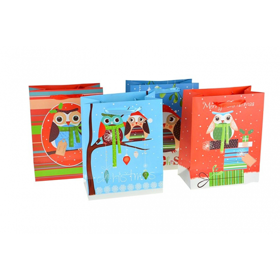 Ajándéktasak papír baglyos 23*18*10cm több féle kék/piros