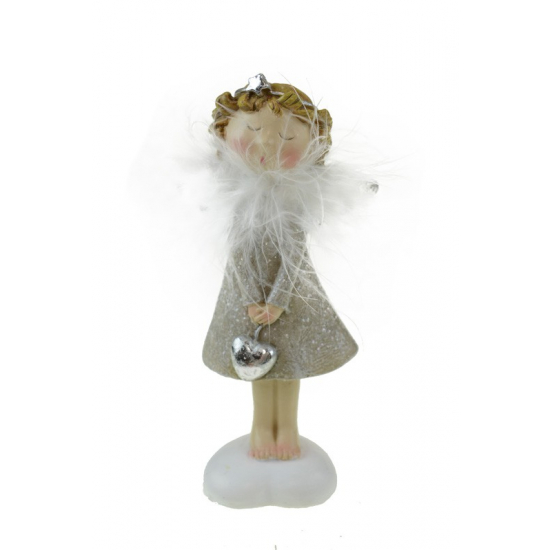 Figura angyal poly 13,5cm szívvel szürke