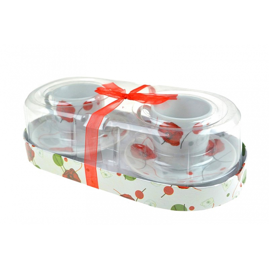 Csésze+alátét kerámia virág mintás 34*6,5cm s/2 2féle fehér/piros