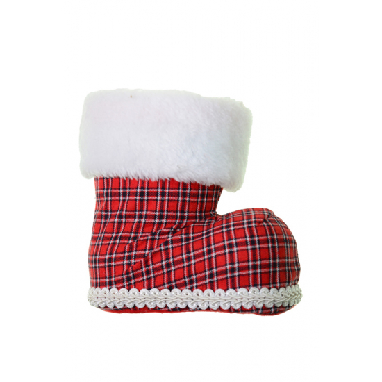 Csizma textil kockás 14cm piros