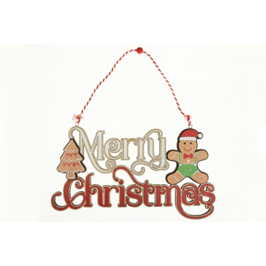 Dekoráció fa 24,5cm Merry Christmas mézis akasztós piros