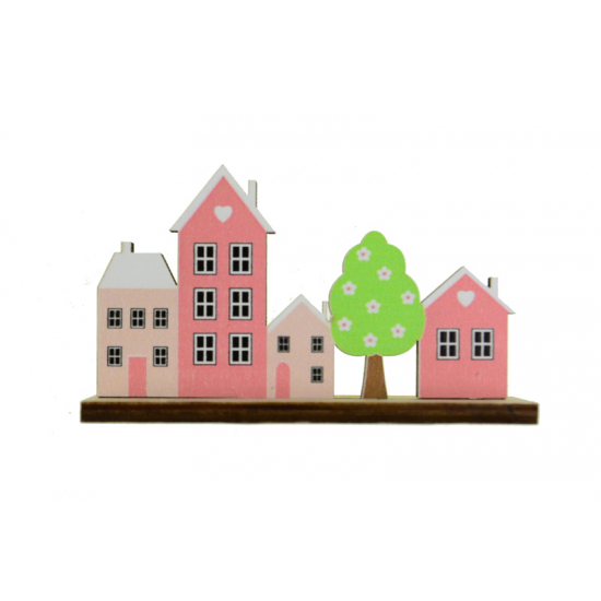 Dekoráció fa házikók + fa 6.5x2.5x3.7cm rózsaszín