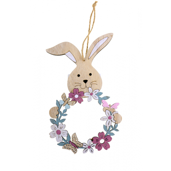 Dekoráció fa nyuszis 18.5*11*0.5cm rózsaszín