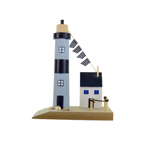 Dekoráció fa világítótorony + ház 15.2*6*20 szürke/kék