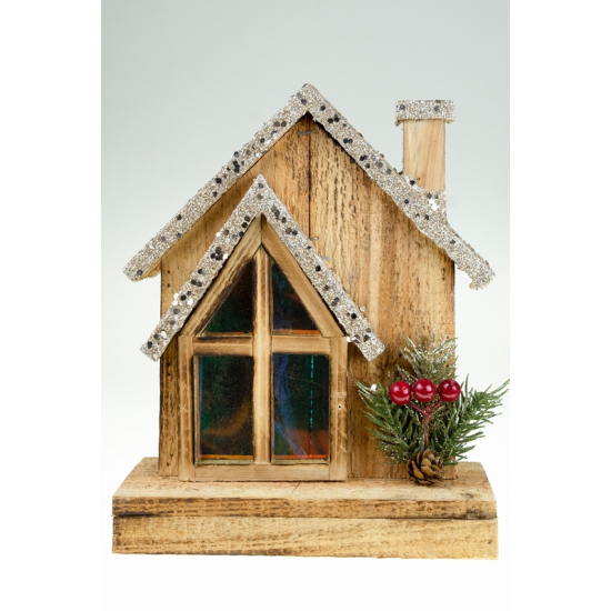 Dekoráció fa ház 19*19*24cm LED-es barna