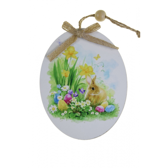 Dekoráció tojás fa nyuszi+nárcisz 10,8cm fehér