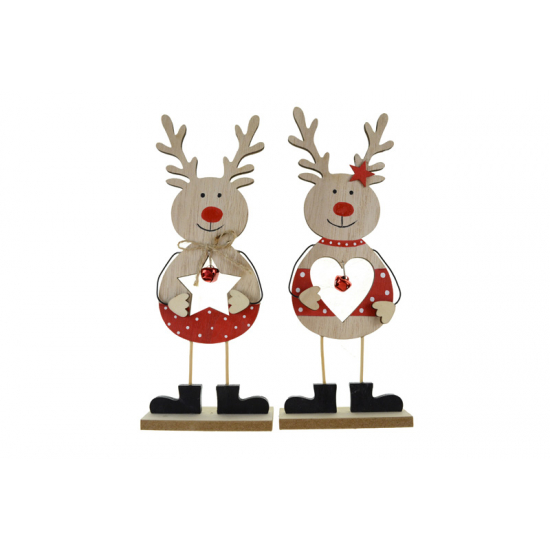 Figura rénszarvas fa 10*4*25CM csillaggal piros/fehér