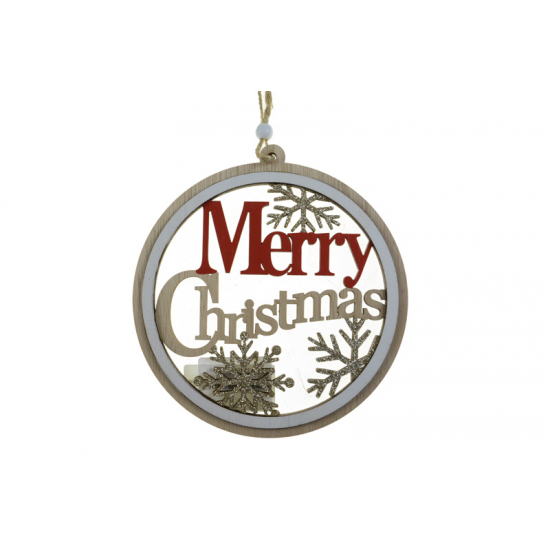 Dekoráció kör fa Mery Christmas 16*15CM akasztós piros/natúr