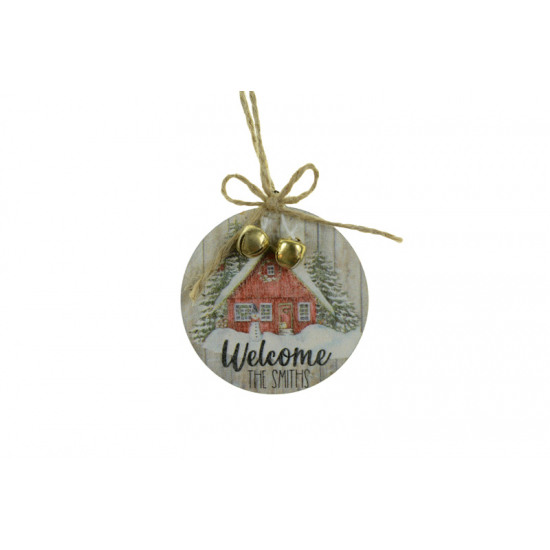 Karácsonyfa dísz WELCOME kör fa házzal D6cm akasztós szürke/piros