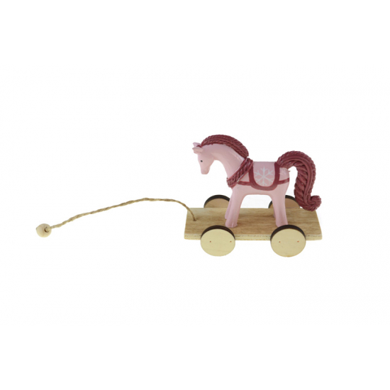 Karácsonyfa dísz ló poly akasztós 6*3,3*5,5cm kocsin rózsaszín