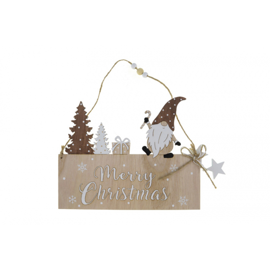 Dekoráció fa MERRY CHRISTMAS manóval 22*18*1cm akasztós barna