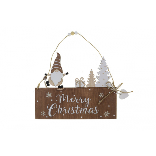 Dekoráció tábla fa MERRY CHRISTMAS manóval 22*18*1cm akasztós sötét barna