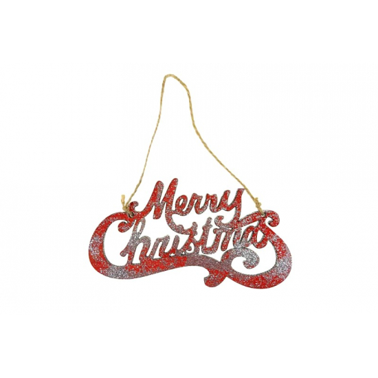 Felirat Merry Christmas fa LV 15*8cm akasztós glitteres ezüst/piros