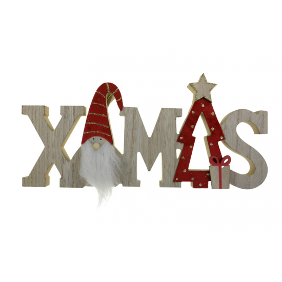 Felirat XMAS fa álló 29*13.5*2CM mikulással natúr/piros