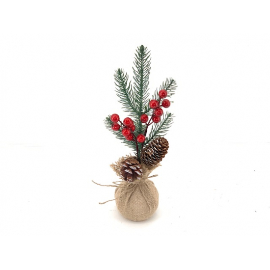 Fenyőág bogyós 30CM jutazsákban zöld/piros