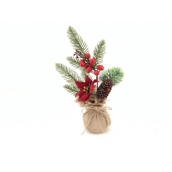 Fenyőág jutazsákban bogyós 35CM mikulásvirággal zöld/piros