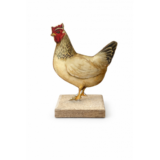 Figura csirke fém 17cm fa talpon fehér