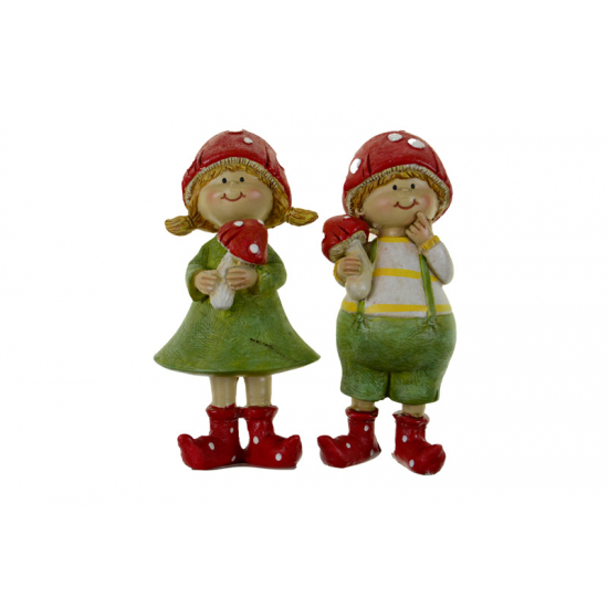 Figura fiú/lány álló 5.5*4.5*14cm gomba sapkában zöld/piros