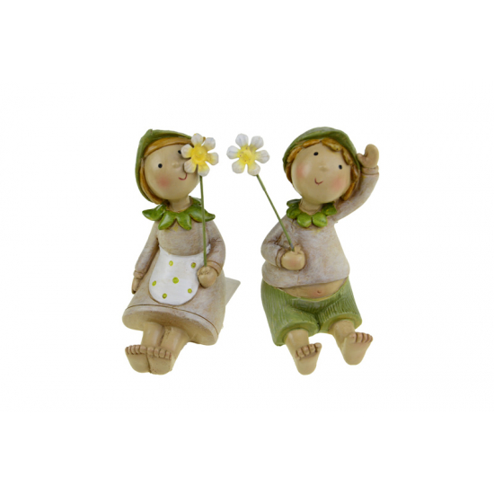 Figura fiú/lány poly 4*6*8cm virággal zöld