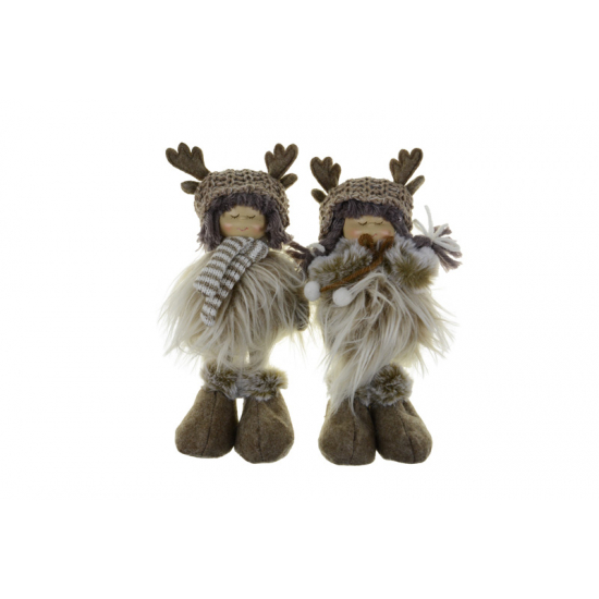 Figura fiú/lány textil álló 11*8*21cm szarvas sapkában barna