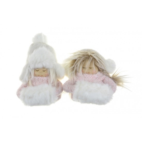 Figura fiú/lány textil ülő 14*9*16cm plüss ruhában rózsaszín