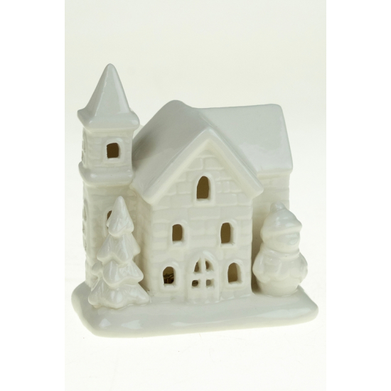 Figura házikó porcelán 9.5*6*10.2cm LED-es hóemberrel fehér