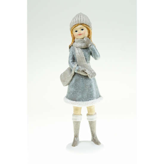 Figura kislány poly 25,5cm kötött ruhás szürke