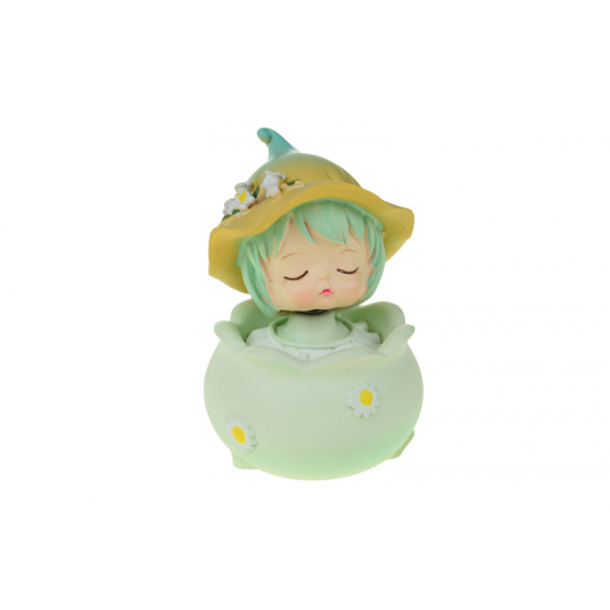 Figura kislány poly virágsziromban 5,3*5,3*8cm mozgó fejjel zöld