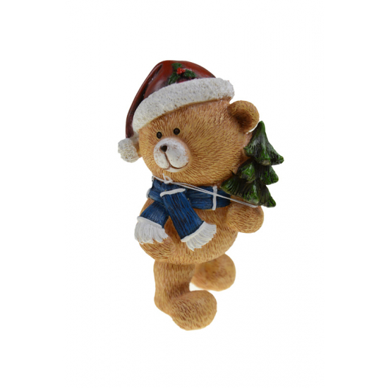 Figura maci poly mikulás sapkás 8*8*15cmH fenyővel barna