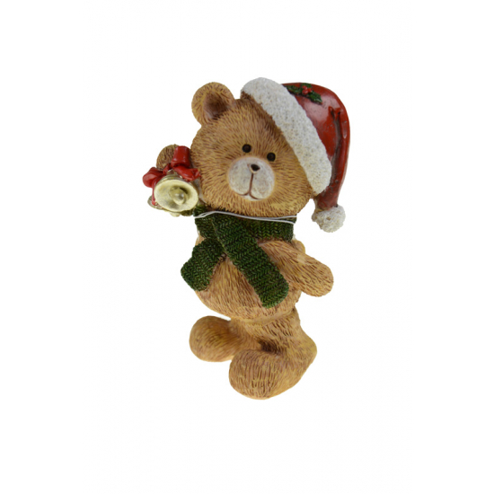 Figura maci poly mikulás sapkás 9*7*14.5cmH csengővel barna