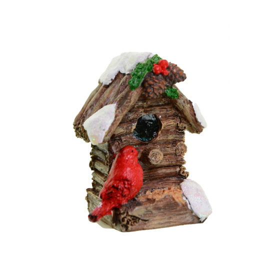 Figura madárház poly 8,2cm piros madárral barna