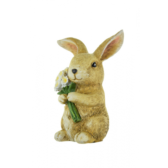 Figura nyuszi poly virággal 6*6*10.8cm barna