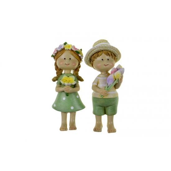 Figura fiú/lány poly virágcsokorral 4.5*4*10.5cm zöld/barna