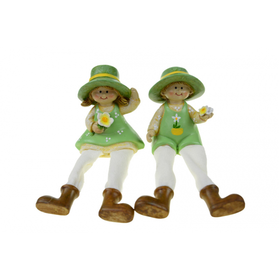 Figura fiú/lány lógólábú 5.5*4*15cm virággal zöld/fehér