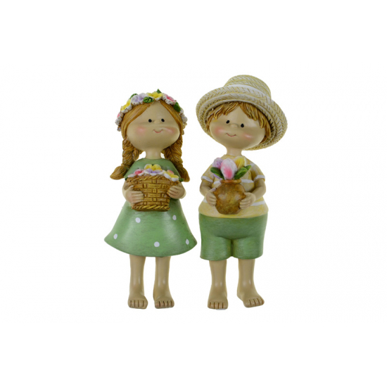 Figura fiú/lány 6.5*6*15.5cm kaspós virággal zöld/barna