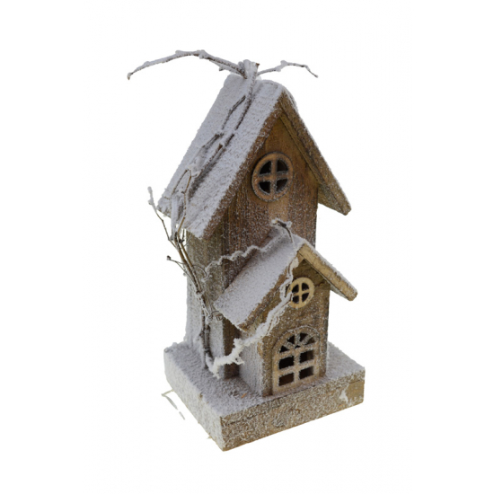 Figura ház fa LEDes 16X13X28CM+10L havas barna