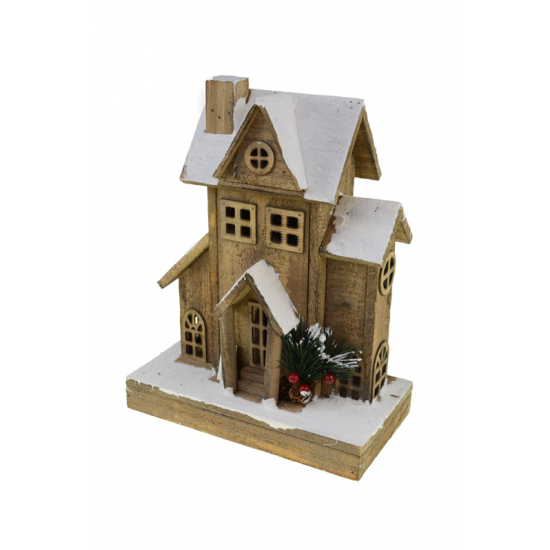 Figura ház fa LEDes 26X14X33CM+10L barna