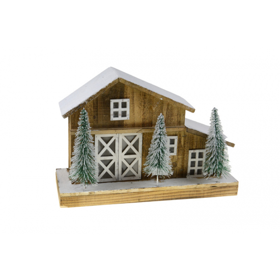 Figura ház fa LED-es 44X15X30CM fenyőkkel barna/fehér
