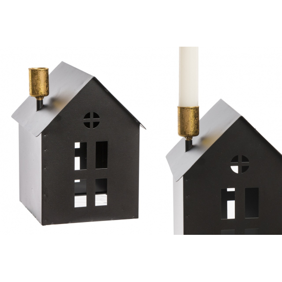 Figura ház fém gyertyatartóval H17,5cm kéményes fekete