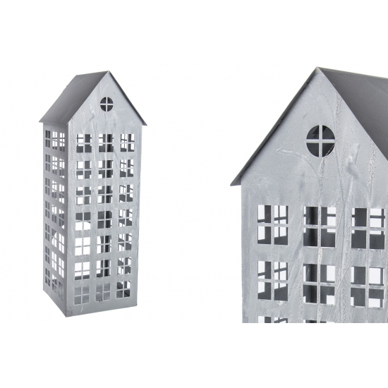 Figura ház fém gyertyatartóval H60cm szürke