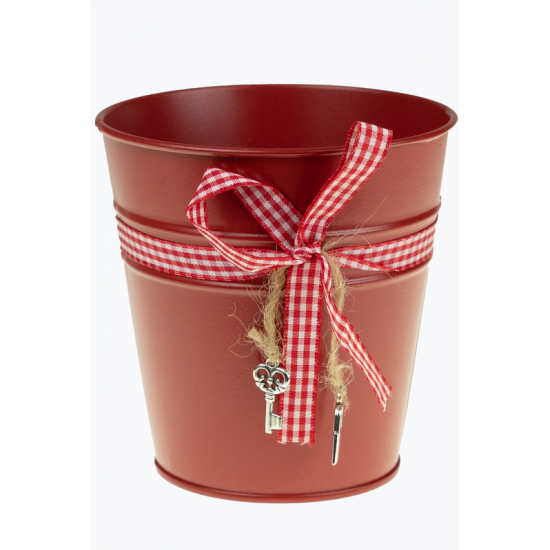 Kaspó fém 10.5/7.5*H10.8CM kockás masnival piros