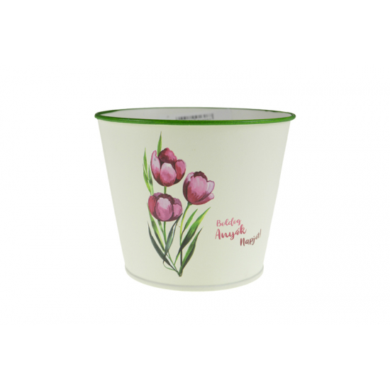 Kaspó fém 11.5/8.5*H9.5cm  Boldog Anyák Napját! Fehér