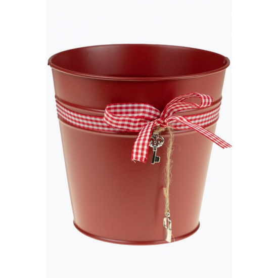 Kaspó fém kockás masnival 13/9.5*H12.5CM piros