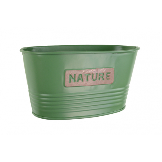 Kaspó fém ovális 15*8/12*6*H8cm nature felirattal zöld