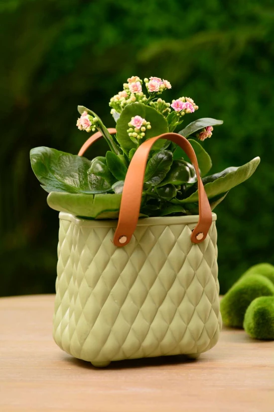 Kaspó kerámia táska forma 18*12*16,5cm  rombusz mintás menta