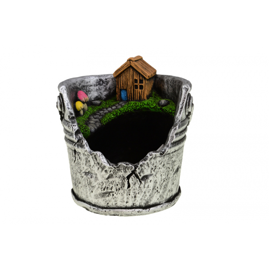 Kaspó kő 14.5*13.7*15.2cm házikóval szürke