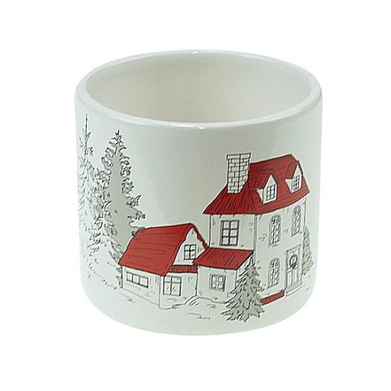 Kaspó kő ház mintával 10*10*9cm fehér/piros