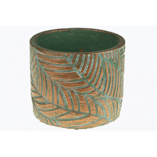 Kaspó kő kerek 14x14x11cm levél mintás réz