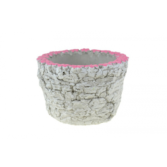 Kaspó kő kerek 15x15x9.5cm rózsaszín virágokkal szürke